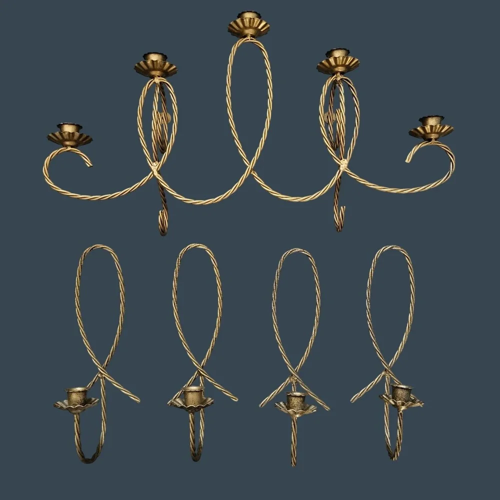 Vintage MCM Wall Candle Holder & Sconce Set Gold Tone Gilt Metal Rope Twisted